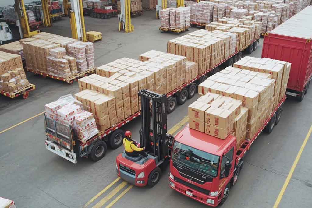 Warehouse trucks being loaded for flooring delivery